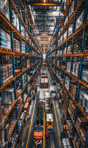 A warehouse with a forklift and many boxes in it. Generative AI. photo