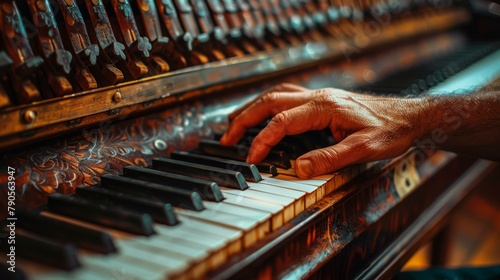 A man's hands on a piano keyboard with ornate woodwork. Generative AI. photo