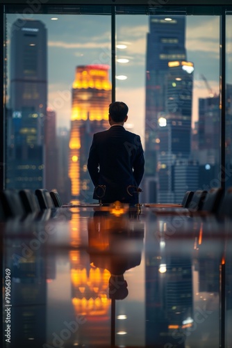 A man in suit standing at a conference table looking out over city. Generative AI.