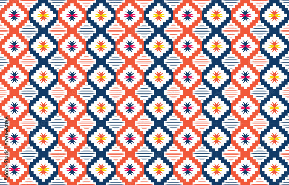 Orange and Blue Ethnic abstract art. Seamless pattern in tribal, folk embroidery, and Mexican style. Aztec geometric art ornament print. Design for carpet, clothing, wrapping, fabric, cover.