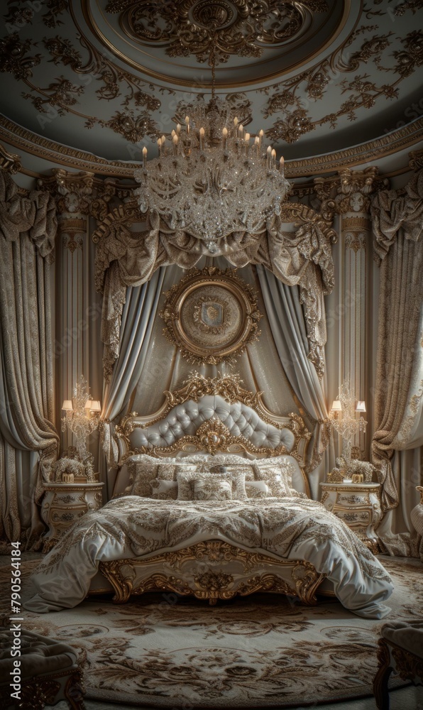A fancy bedroom with a chandelier and ornate bed. Generative AI.