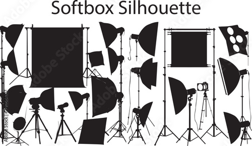 Softbox Silhouette Camera Light. Collection of studio camera lights with white and black vector design.