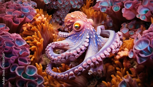 An octopus is sitting in a sea of colorful coral. Generative AI.