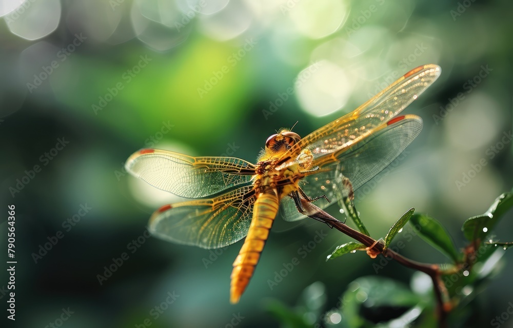 Golden Dragonfly in Sunlit Forest