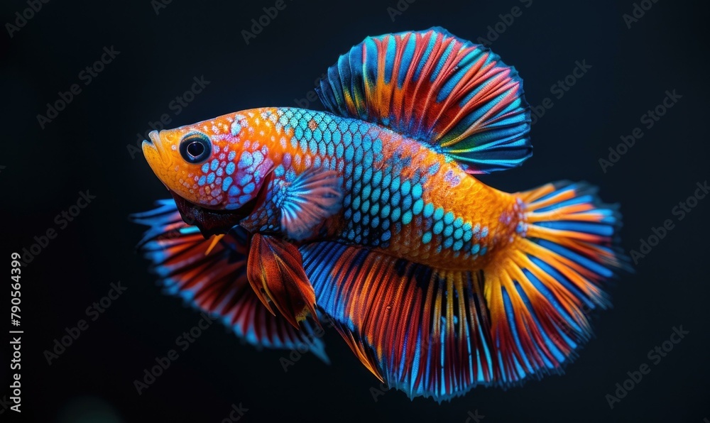 Fototapeta premium A colorful fish with a blue, red and yellow tail. Generative AI.
