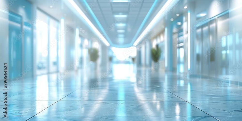 A long hallway with blue lights and a white floor. Generative AI.