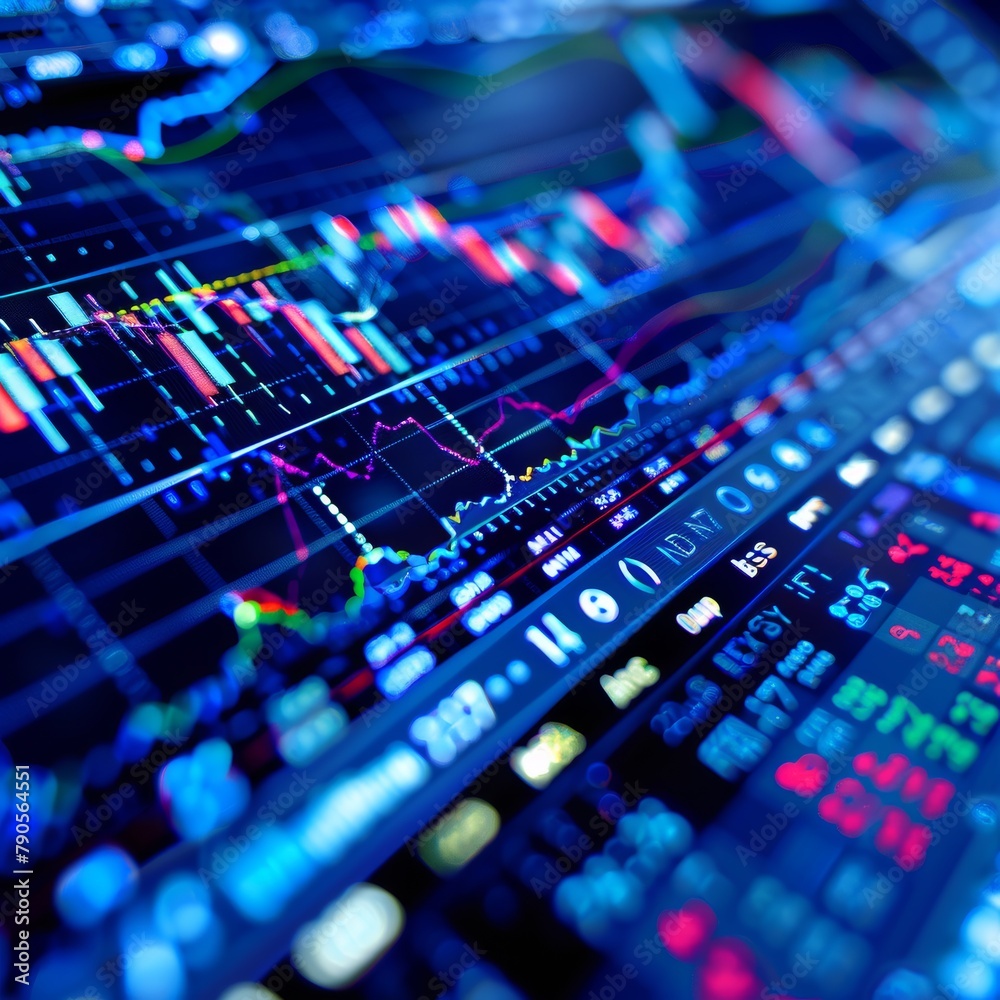 Fototapeta premium A stock market graph with many lines and numbers. Scene is intense and focused, as it shows the fluctuations of the stock market