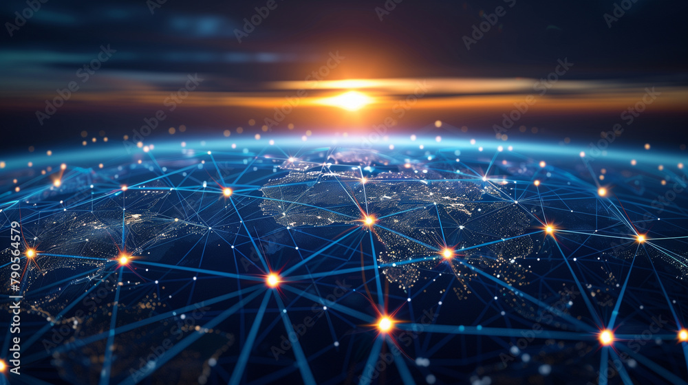 Futuristic smart city with interconnected network nodes overlaying an urban skyline
Futuristic smart city with interconnected network nodes overlaying an urban skyline