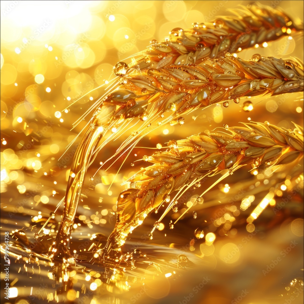 A golden wheat stalk with water dripping from it. The water droplets are reflecting the sunlight, creating a beautiful and serene scene A golden wheat stalk with water dripping from it. The water droplets are reflecting the sunlight, creating a beautiful and serene scene