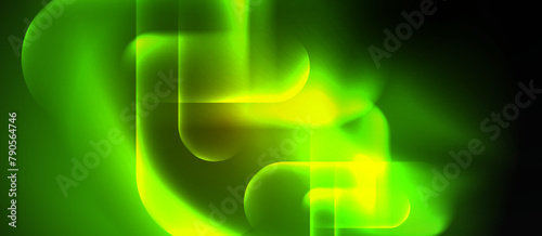 A gas of green and yellow glowing swirls on a black background resembles a macro photograph of a terrestrial plant. The electric blue circle creates symmetry in this artistic pattern in graphics