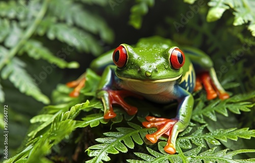 Vibrant Red-Eyed Tree Frog on Ferns