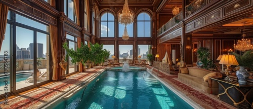 A large indoor swimming pool in a mansion with chandeliers. AI. photo