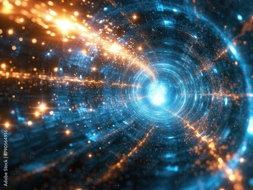 A blue and gold tunnel with bright lights. AI. A blue and gold tunnel with bright lights. AI.