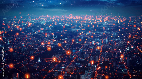 Futuristic smart city with interconnected network nodes overlaying an urban skyline  