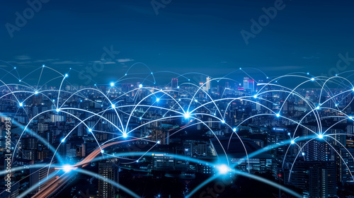 Futuristic smart city with interconnected network nodes overlaying an urban skyline 
