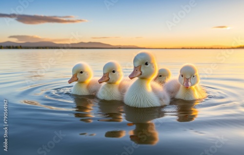 A group of ducks swimming in a lake at sunset. AI.