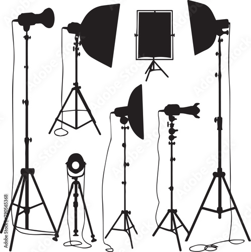 Photo camera and tripod with Light silhouette vector illustration.