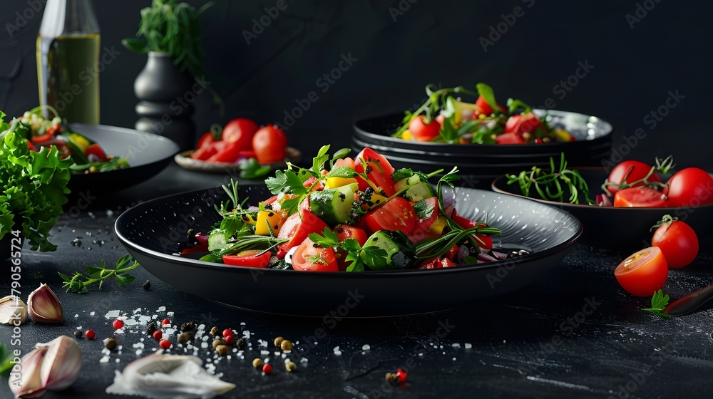 vibrant dishes elegantly decorated on a sleek black backdrop, portrayed in lifelike full ultra HD high resolution photography.