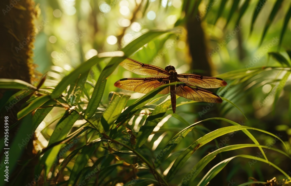Naklejka premium Sunlit Dragonfly in Forest