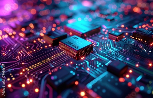 Futuristic Microchip on Neon Circuit Board