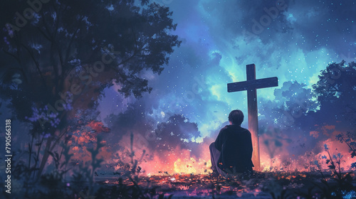 A compelling visual: Young Man and woman in a Pensive Pose, Kneeling and Gazing at the Cross, conveying a personal and profound spiritual encounter,