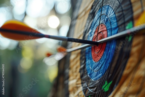 Archery aiming for the bull's eye,Bullseye or bull's-eye or dart board has dart arrow hitting the center of a shooting target,  Ai Generated photo
