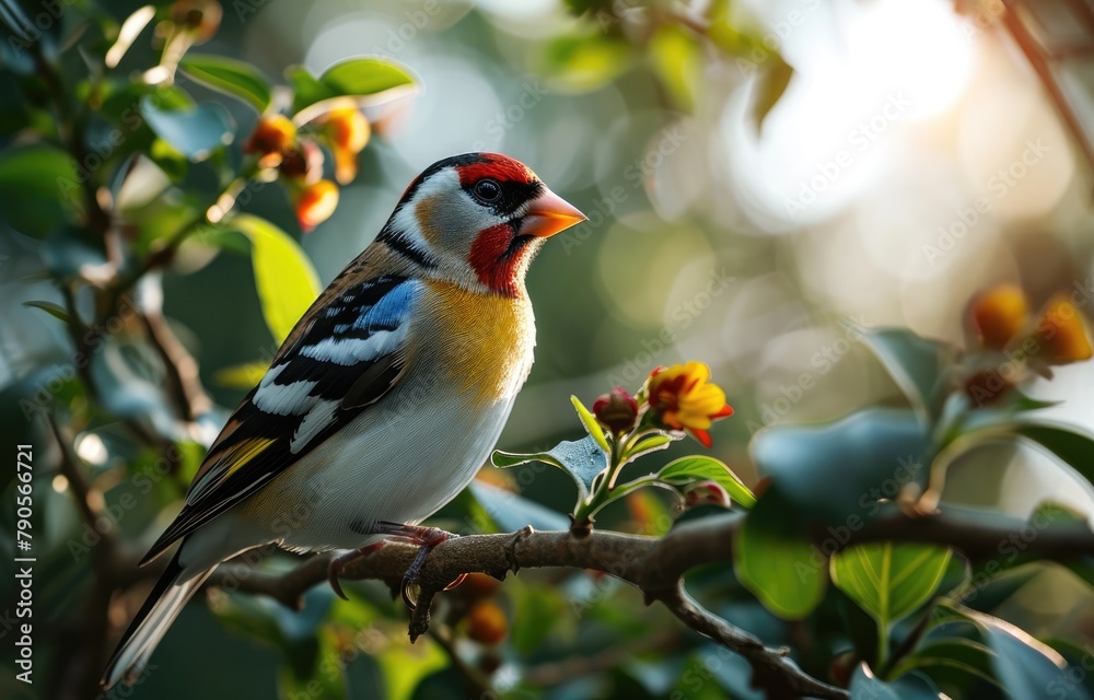 Sunlit European Goldfinch on Blossoming Branch Sunlit European Goldfinch on Blossoming Branch