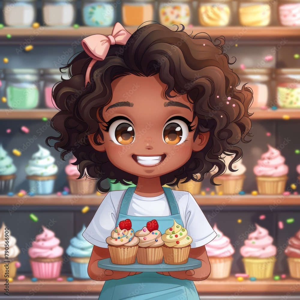 Colorful illustration of a happy young girl baker with curly hair, holding a tray of beautifully decorated cupcakes in a cozy bakery setting. Colorful illustration of a happy young girl baker with curly hair, holding a tray of beautifully decorated cupcakes in a cozy bakery setting.