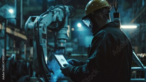 The factory engineer use the digital tablet for checking data with welding robot in the metal industry plant 