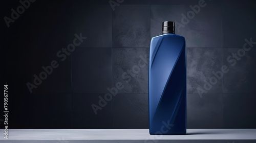 Minimalistic image of a blue shampoo bottle in the center of the podium. Luxurious studio lighting. Generative AI