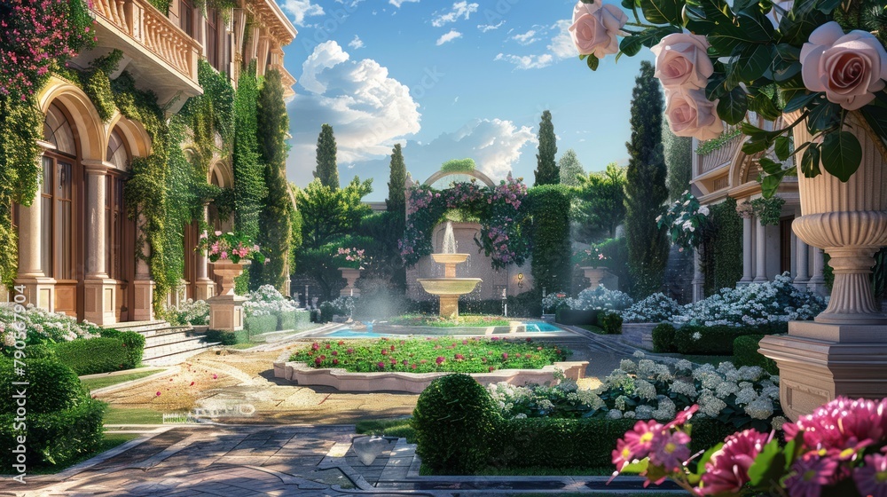 There is a beautiful mansion garden, a fountain, flowers and grass, and a walk. Look up from bottom to top, feel like a movie, soft, illustrated, detailed  