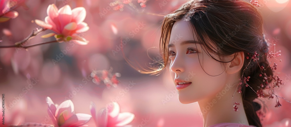 Fototapeta premium A beautiful Asian girl is smiling against a background of cherry blossoms. The concept of advertising cosmetics for facial care