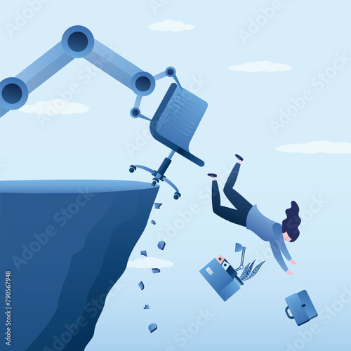 Giant robotic arm kick off businesswoman from cliff down, artificial Intelligence replaces in work human labor. Chatbot with AI has replaced humans, female manager lost job