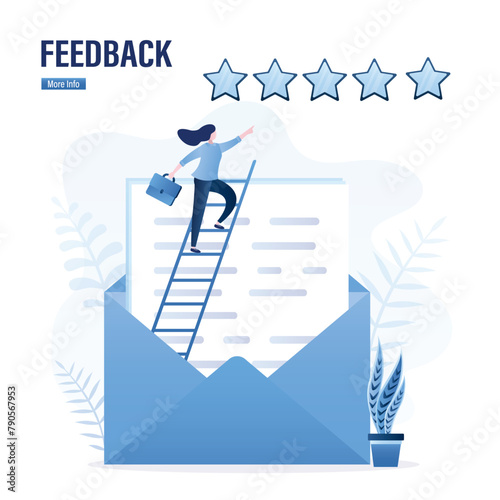 Businesswoman on ladder in envelope with five stars rating. User experience, positive customer feedback for product or satisfaction rating, reviews. High quality service.