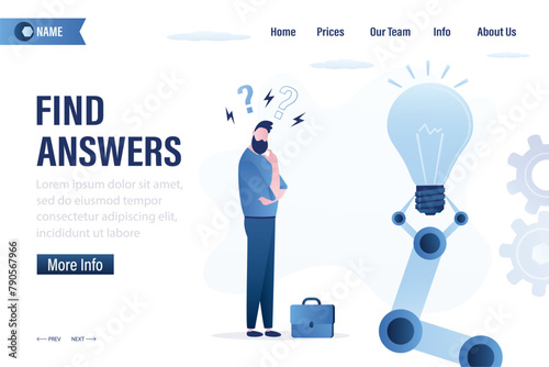 Find answers, landing page. Businessman thinking about problems solving. Robot hand and give idea light bulb, ai chat bot, chatbot answering.