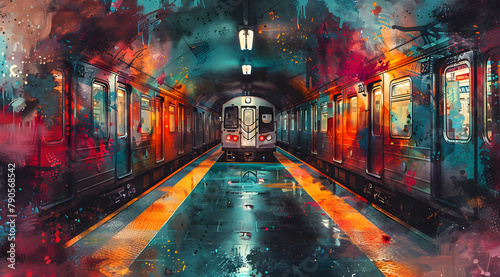 Spray Paint Symphony: Watercolor View of a Graffiti-Filled Subway Station photo