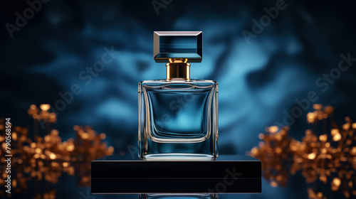 Minimalistic image of a blue perfume bottle in the center with studio lighting. Luxurious background. Generative AI