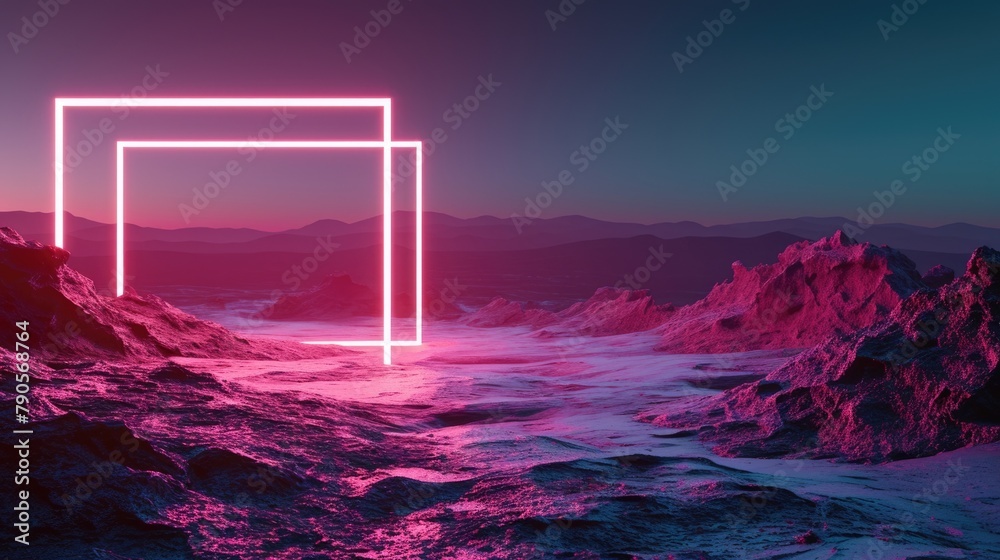 Obraz premium The great pink floating rectangle beyond the land that surrounded with a lot amount of the tall mountains at the dawn or dusk time of the day that shine light to the every part of the picture. AIGX03.
