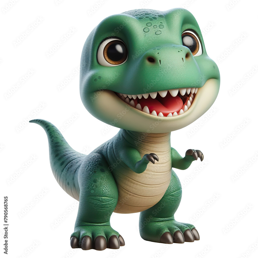Fototapeta premium Cute character 3D image of friendly t-rex realistic on white background isolated PNG
