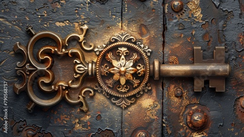 A key with a flower design on it is hanging from a rusty door. The key is old and worn, but it still has a certain charm to it. The door itself is also old and rusted