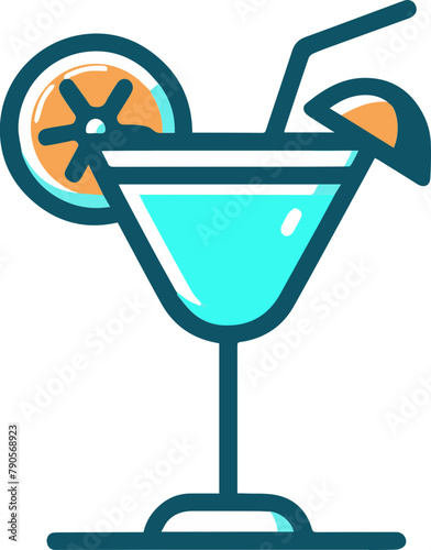 A blue martini glass with an orange slice and a straw.