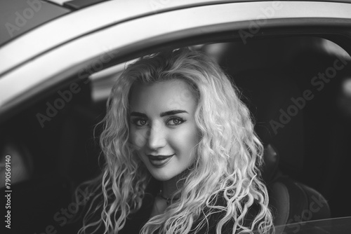 Portrait of a malty beautiful blonde girl in a car. photo