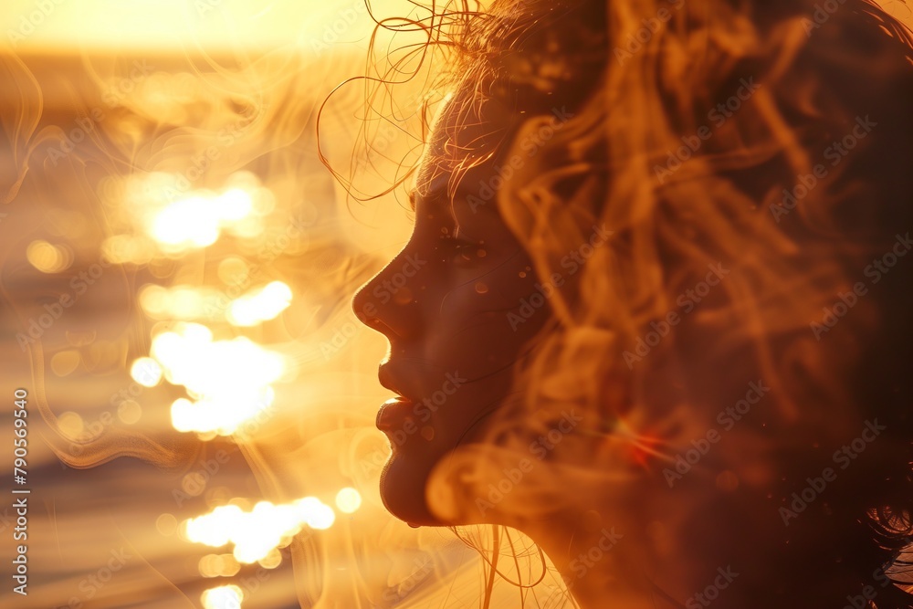 Sunset Whispers: A Woman's Profile Enveloped in a Sunset Haze