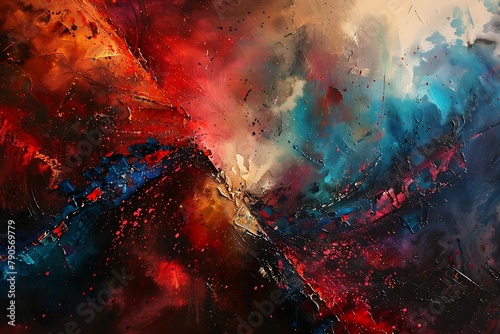 : Vibrant color explosion on textured canvas, deep reds clash with cool blues, energy and chaos.