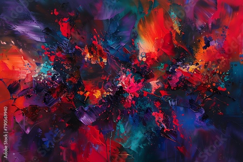  Vibrant color explosion on textured canvas  deep reds clash with cool blues  energy and chaos.
