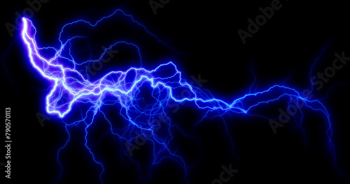 lightning bolt. Lightning flash bolt or thunderbolt. Blue lightning or magic power blast storm. Thunder and lightning isolated on black background