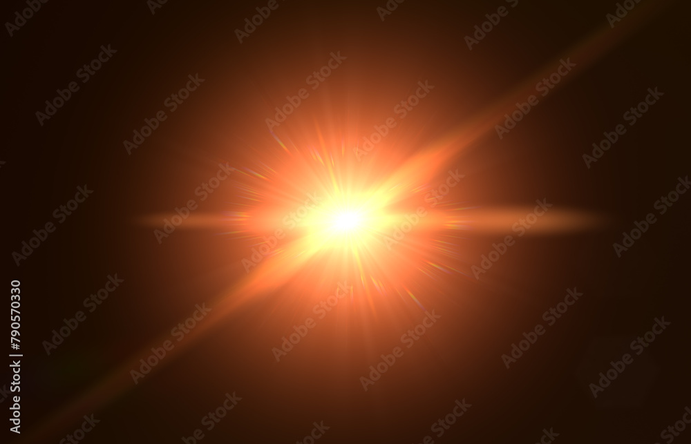 Lens flare and light overlay on black background. orange color. Lens Flare, Sun Flare on black background. Optical Flare effect illustration. lens effects for overlay designs or screen blending mode