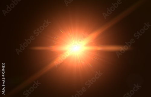 Lens flare and light overlay on black background. orange color. Lens Flare, Sun Flare on black background. Optical Flare effect illustration. lens effects for overlay designs or screen blending mode