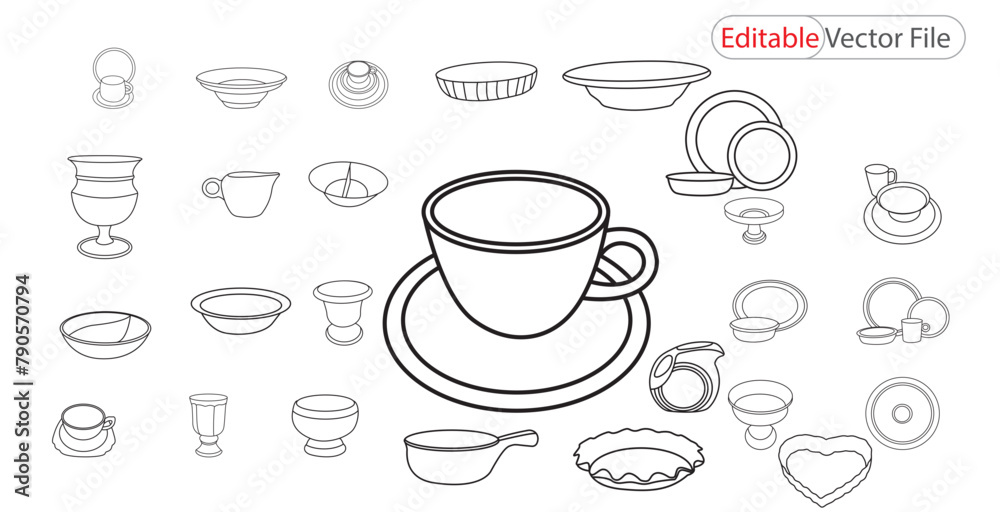 fiesta tableware vector.  Vector Picnic Concept with Round Label isolated on white background.  Simple line art spoon, tray, chef hat, and ready-to-eat food or fast food icon vector collection. 