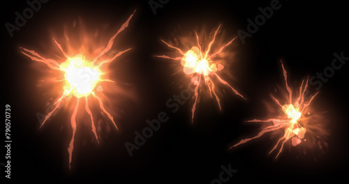 Set of three explosions isolated on black background. Bomb detonation. Explosion. Realistic fiery bomb explosion with sparks and smoke